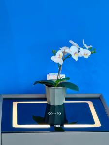 a vase with white flowers in it on a table at Eaton Residences KLCC in Kuala Lumpur +175 photos