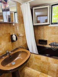 a bathroom with a sink and a shower at Lemon tree's house in Kalavárda