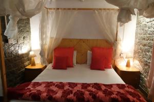 卡绍利Heritage homestays的卧室里有一张带红色枕头的床
