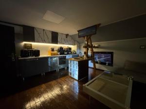 a large kitchen with a counter in a room at Lola's Apartment in Arad