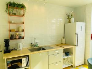 eine Küche mit einem weißen Kühlschrank und einer Spüle in der Unterkunft Stub Inn Guesthouse in Stubbekøbing + 51 Fotos