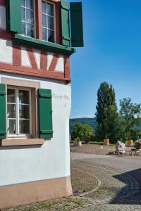 a building with green shutters and a window at Suite Kelnhof Patio - Cozy Riverside Apartment in Küssaberg