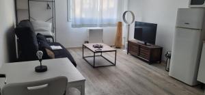 a living room with a couch and a tv at Studio - Cap d'Agde in Cap d'Agde