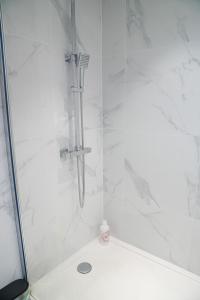 a shower with a glass door in a bathroom at Chic & Modern 1BR & 1LR Apt, 12 Min Walk to Rabot in Ghent
