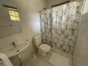 a bathroom with a toilet and a sink and a shower curtain at Simple Studio at Studenthouse Casa Caia in Willemstad