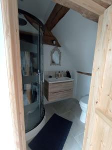 a bathroom with a glass shower and a toilet at Le Presbytere in Beauficel