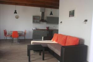 a living room with a couch and a table at Malomkő Apartman in Zsira