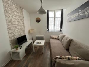 a living room with a couch and a tv at Grand studio rdc au calme, centre ville prox Cathédrale in Orléans