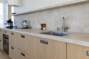 a kitchen with a sink and a counter top at Aulaukis in Svencelė