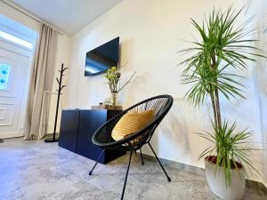 a room with a chair and two potted plants at Rab Downtown Place in Rab +45 photos