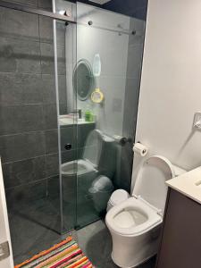 a bathroom with a toilet and a glass shower at Bö Escalante 507 in San José +12 photos