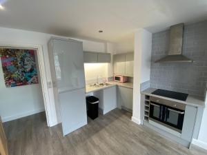 a kitchen with white cabinets and a large refrigerator at LT Duplex - 1 Bedroom Apartment in Leicester