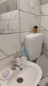 a white bathroom with a toilet and a sink at Home Delic Komarnica in Komarnica