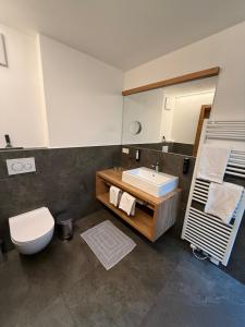 a bathroom with a sink and a toilet and a mirror at Garni Appartements Des Alpes in Solda +57 photos