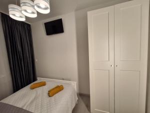 a bedroom with two yellow objects on a bed at Krynicki Lotos Apartament przy deptaku in Krynica Zdrój +9 photos