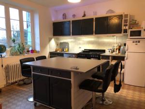 a kitchen with black cabinets and a white refrigerator at Les Hautes Loignieres in La Celle-sous-Gouzon