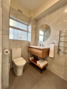 a bathroom with a toilet and a sink and a mirror at Modern Seaside Apartment in Fish hoek +5 photos