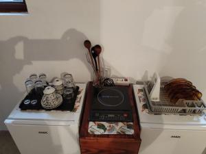 a kitchen counter with a stove and a microwave at Sobe-apartmani Gorica in Sutomore