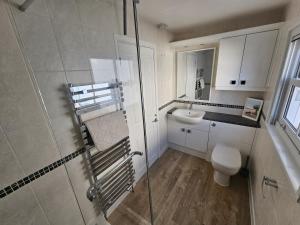 a bathroom with a shower and a toilet and a sink at The Nest in Weymouth in Weymouth +38 photos