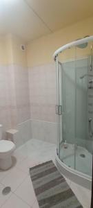 a bathroom with a glass shower and a toilet at Casa das Tílias in Coimbra