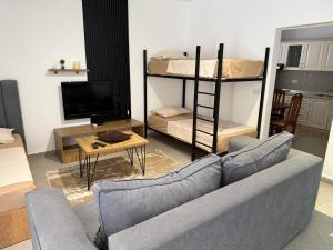 a living room with a couch and a bunk bed at Private Houses by the Beach in Velipojë
