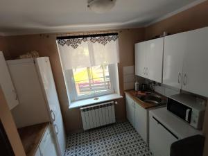 een kleine keuken met een raam en een wastafel bij Dom Letniskowy in Wielen Zaobrzanski