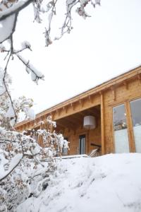 a log cabin with snow on the ground at SUNCHILL luxury treehouse in Saint-Antonin +16 photos