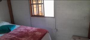 a bedroom with a bed with a window and a bedspread at Cabaña Barbacoas1 in Santa Ana