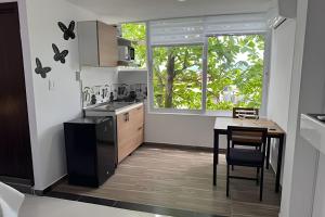 a kitchen with a table and a kitchen with butterflies on the wall at Apartamentos amoblados de 1, 2 y 3 dormitorios in Nueva Ola