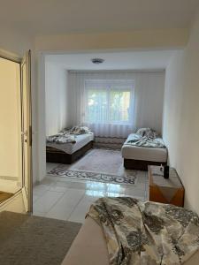 una habitación con dos camas y una ventana en Apartmani Arieta, en Donji Štoj
