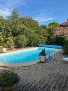 a swimming pool in a yard with plants at La Roseraie gîte 3 épis avec piscine in Ruoms
