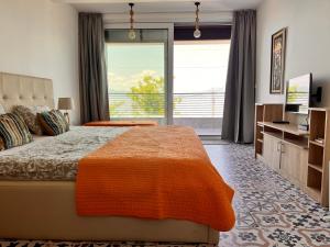 una camera da letto con un letto e una grande finestra di Villa Tatjana Apartments a Struga