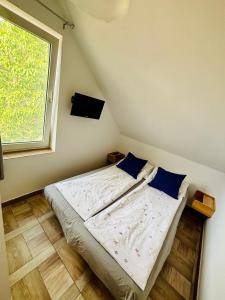 a bed in a small room with a window at Róża Wiatrów in Sztutowo