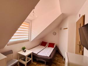 a small room with a bed and a window at Róża Wiatrów in Sztutowo