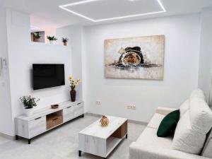 a living room with a couch and a tv at El Capricho de Vandelvira in Úbeda