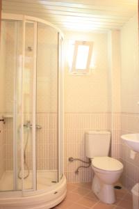 a bathroom with a toilet and a shower and a sink at Toloman Bitezpark Apartments in Bodrum City