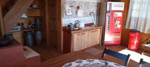 een keuken met een koelkast en een tafel in een kamer bij Cabana do Lago in Nonoai