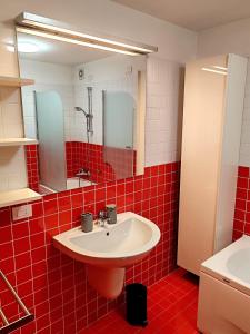 a red tiled bathroom with a sink and mirror at Happy Guest Apartments - Casa Alpi Orange in Schilpario
