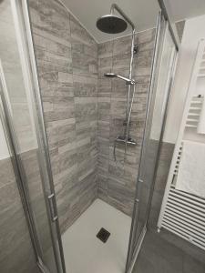 a shower with a glass door in a bathroom at B&B Il sentiero del bosco in Buia