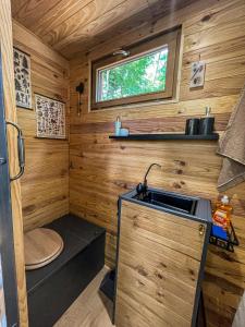 a kitchen with a sink in a tiny house at Insolite Le Coin du Bûcheron in Monts-sur-Guesnes