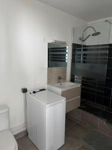 a bathroom with a sink and a shower and a toilet at Appartement élégant avec vue et climatisation in Fort-de-France +8 photos