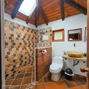 a bathroom with a toilet and a shower at Ecohotel Buenavista in Villa de Leyva