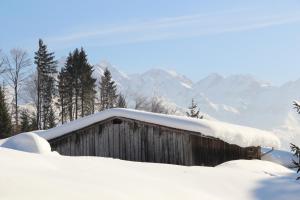 Cabaña cubierta de nieve con montañas al fondo en Hislar`s Hüs en Oberstdorf