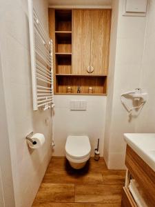 a small bathroom with a toilet and a sink at Bel Mare Baltic Prestige Apartment in Międzyzdroje +2 photos