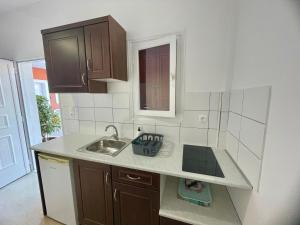 a small kitchen with a sink and a counter top at Kathrin apartments in Ýpsos