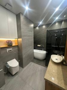 a bathroom with a sink and a toilet and a bath tub at Luxury Residence in Mirabad Avenue in Toshkent-Passajir Bekati