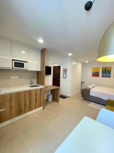 a bedroom with a bed and a kitchen with a sink at Botique Studio - Casa El Sueño II in Vodnjan