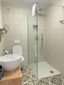 a bathroom with a shower and a sink and a toilet at Botique Studio - Casa El Sueño II in Vodnjan +19 photos