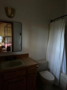 a bathroom with a toilet and a sink and a mirror at Black Buttee Big Sister in Sisters