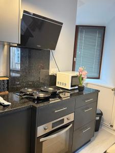 a kitchen with a stove top oven and a microwave at Le temple, moderne et élégant Cœur de Limoges in Limoges
